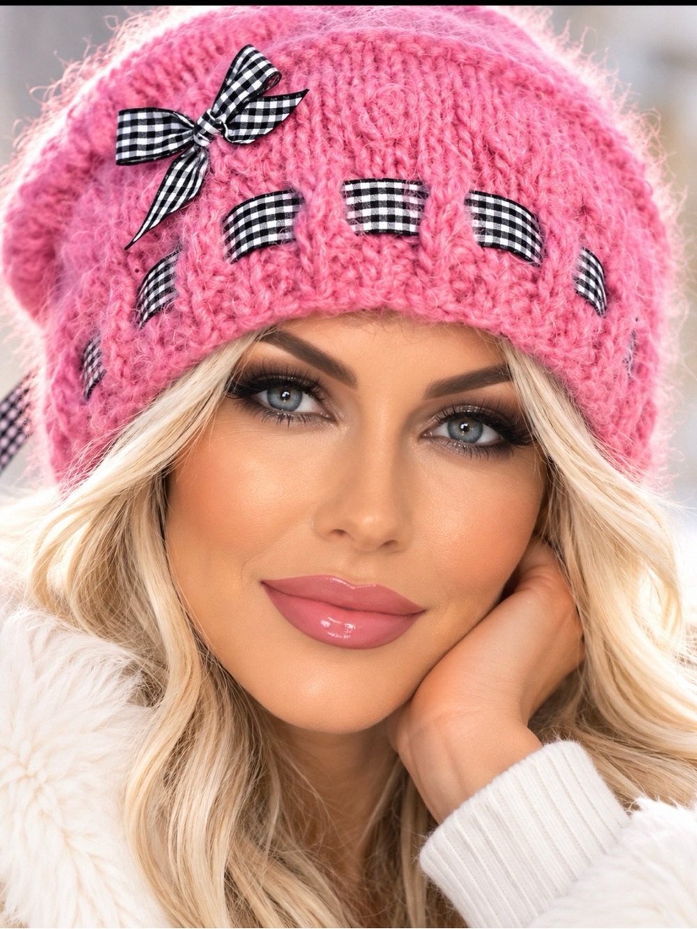 Hand Knits 2 Love Slouch Hat Beanie Cap Pink Mohair Look Ribbon Designer Fashio